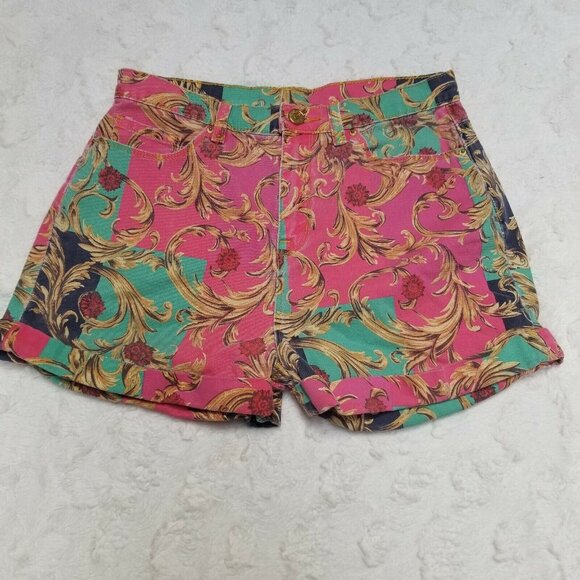 BDG Womens Paisley Print Cuffed Jean Shorts Casual 5-Pocket Pink Green Cotton - Picture 1 of 5